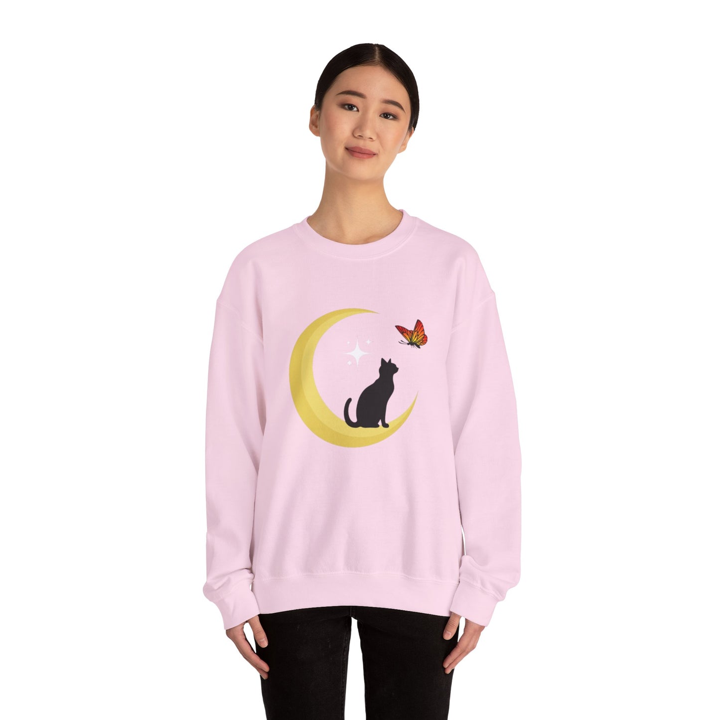 Woman's Heavy Blend™ Crewneck Sweatshirt/ Cat on the moon/White Star/Fall