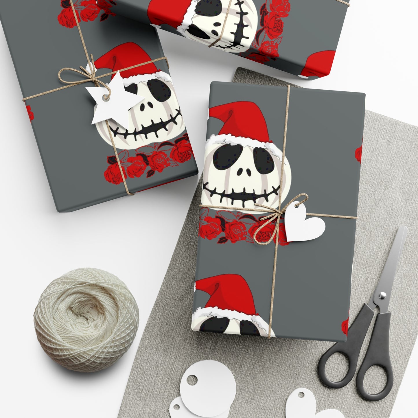 Holiday Gift Wrap Papers/White Jack O Lantern Red Santa Hat/Red Roses/Dark Gray