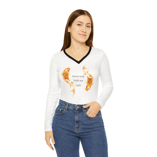 Women's Long Sleeve V-neck Shirt (AOP)/ Swim with faith not luck/koi fish/White