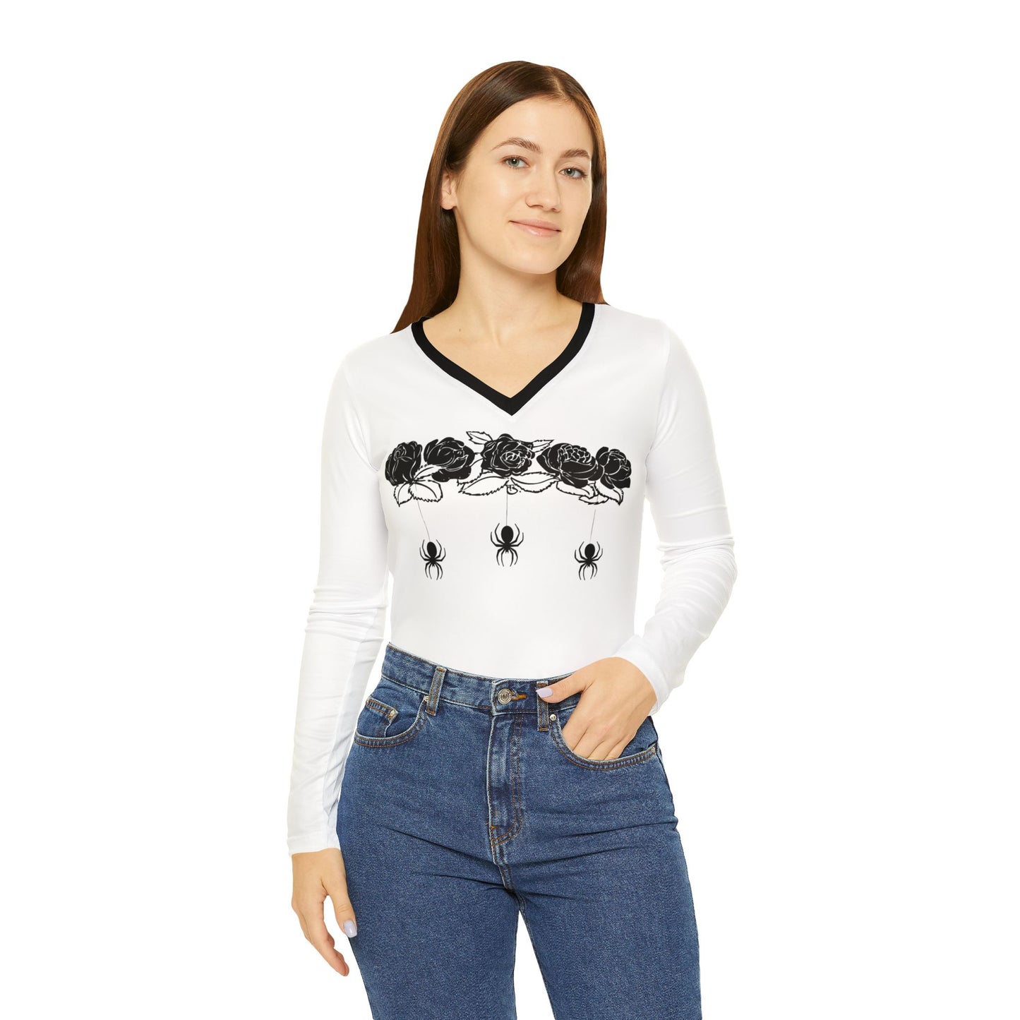 Women's Long Sleeve V-neck Shirt (AOP)/Roses/Spiders