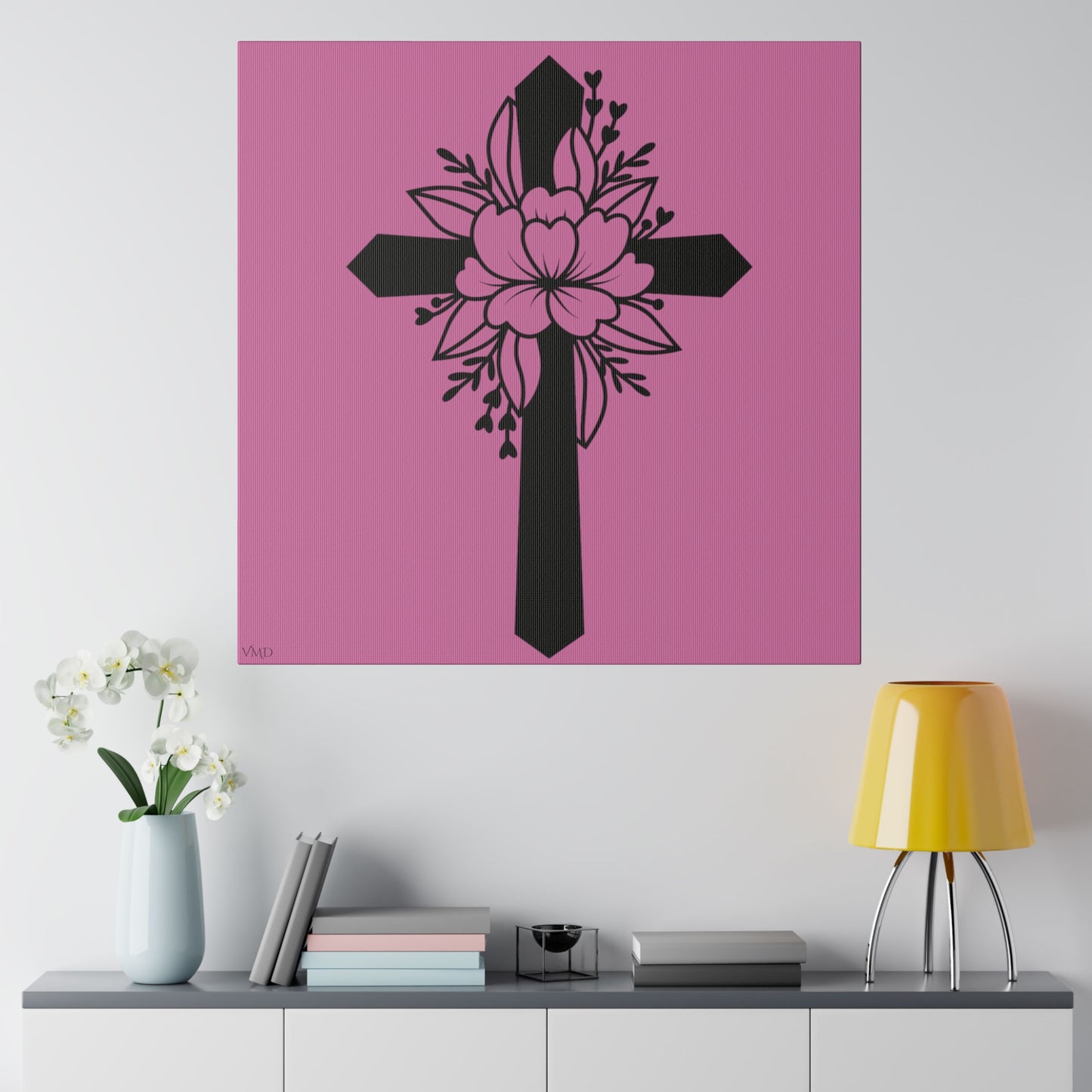 Digital Portrait Print, 0.75"/Floral Cross/Pink BG