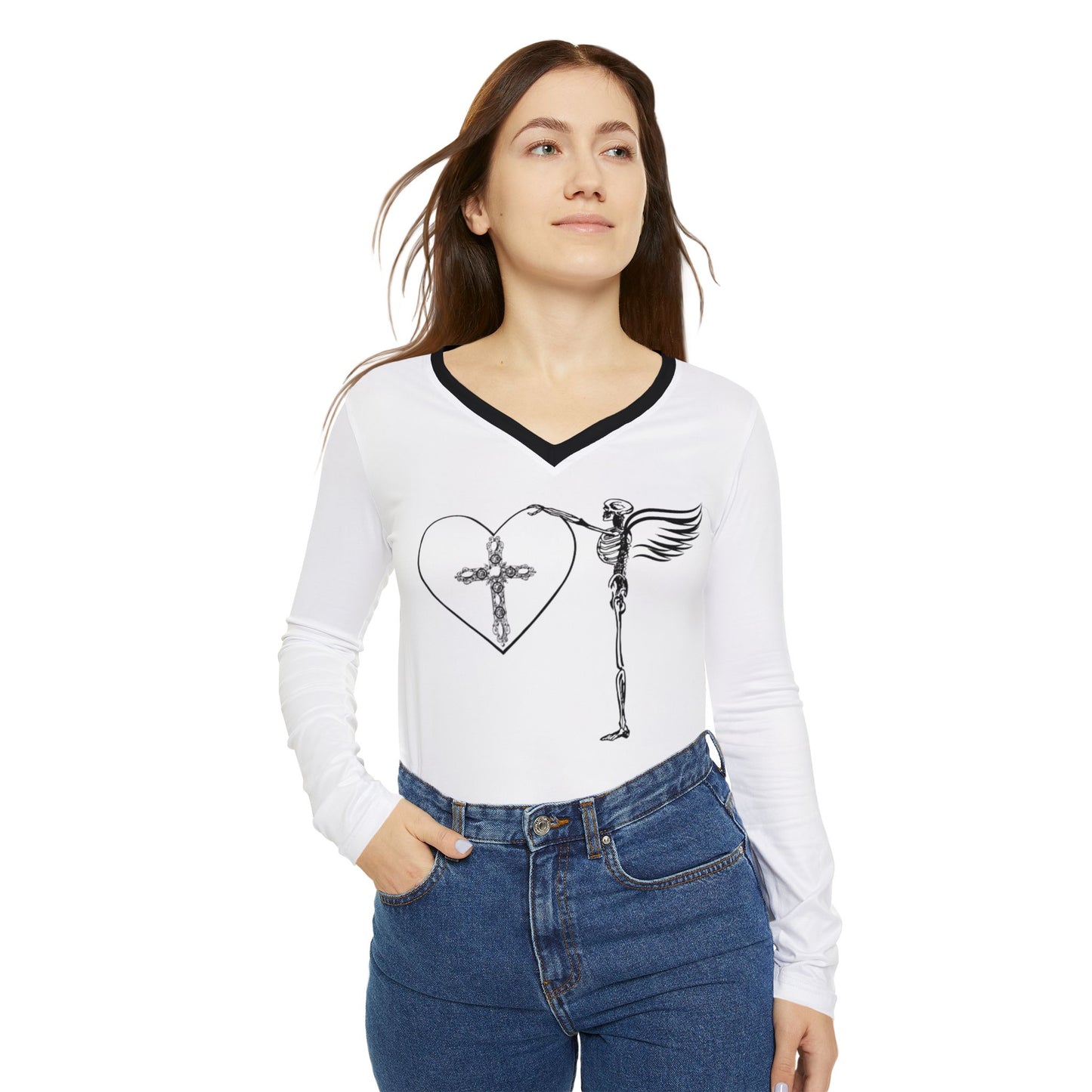 Women's Long Sleeve V-neck Shirt (AOP)/Skeleton Angel