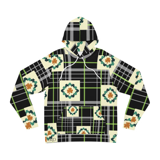 Hoodie (AOP)/Black and green plaid/clovers/St. Patrick's Day