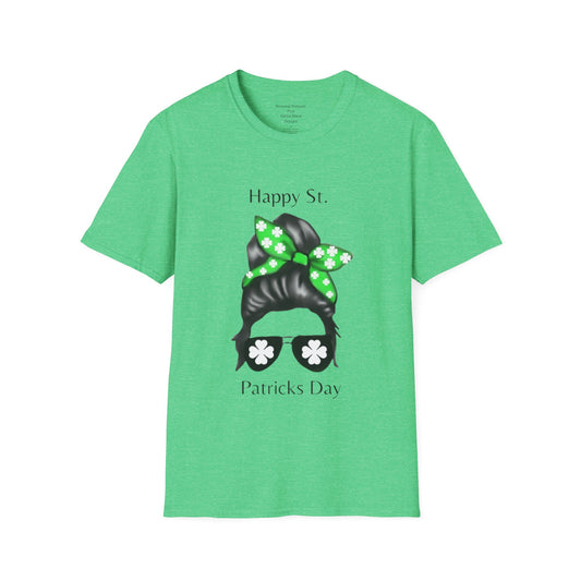 Unisex Softstyle T-Shirt/Happy St. Patrick's Day/ Woman/ Brunette/ Black Glasses/ White Clovers