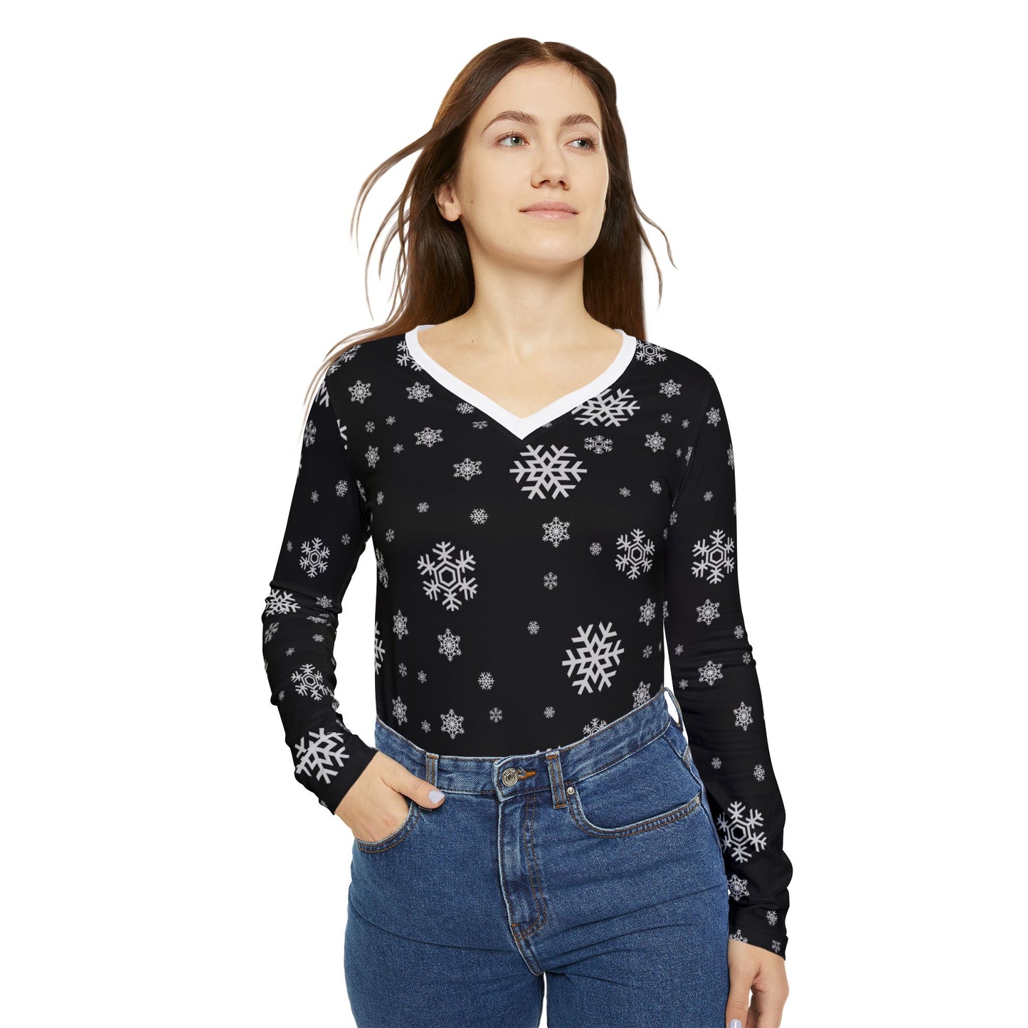 Women's Long Sleeve V-neck Shirt (AOP)/ Black/White Snowflakes/Holiday