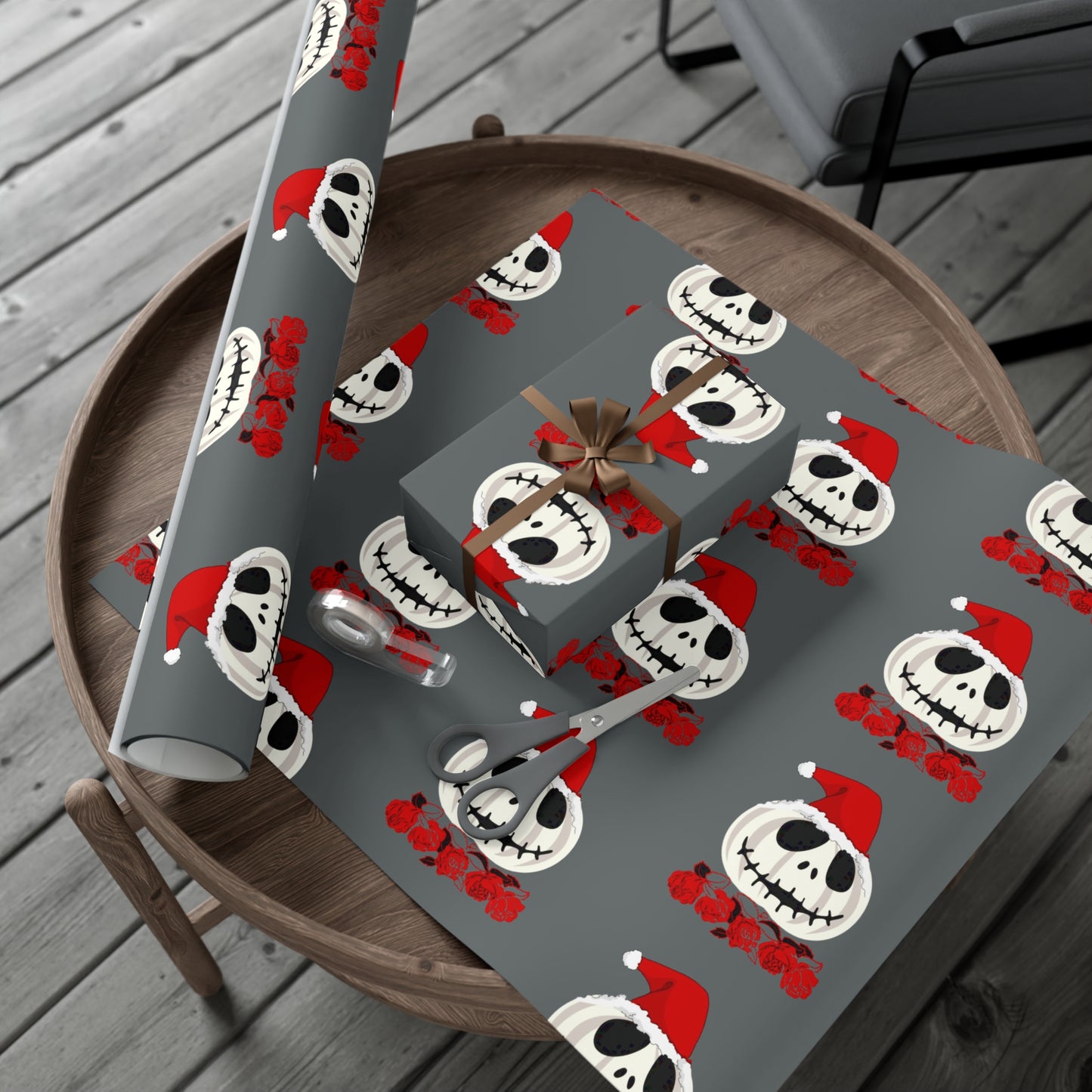 Holiday Gift Wrap Papers/White Jack O Lantern Red Santa Hat/Red Roses/Dark Gray