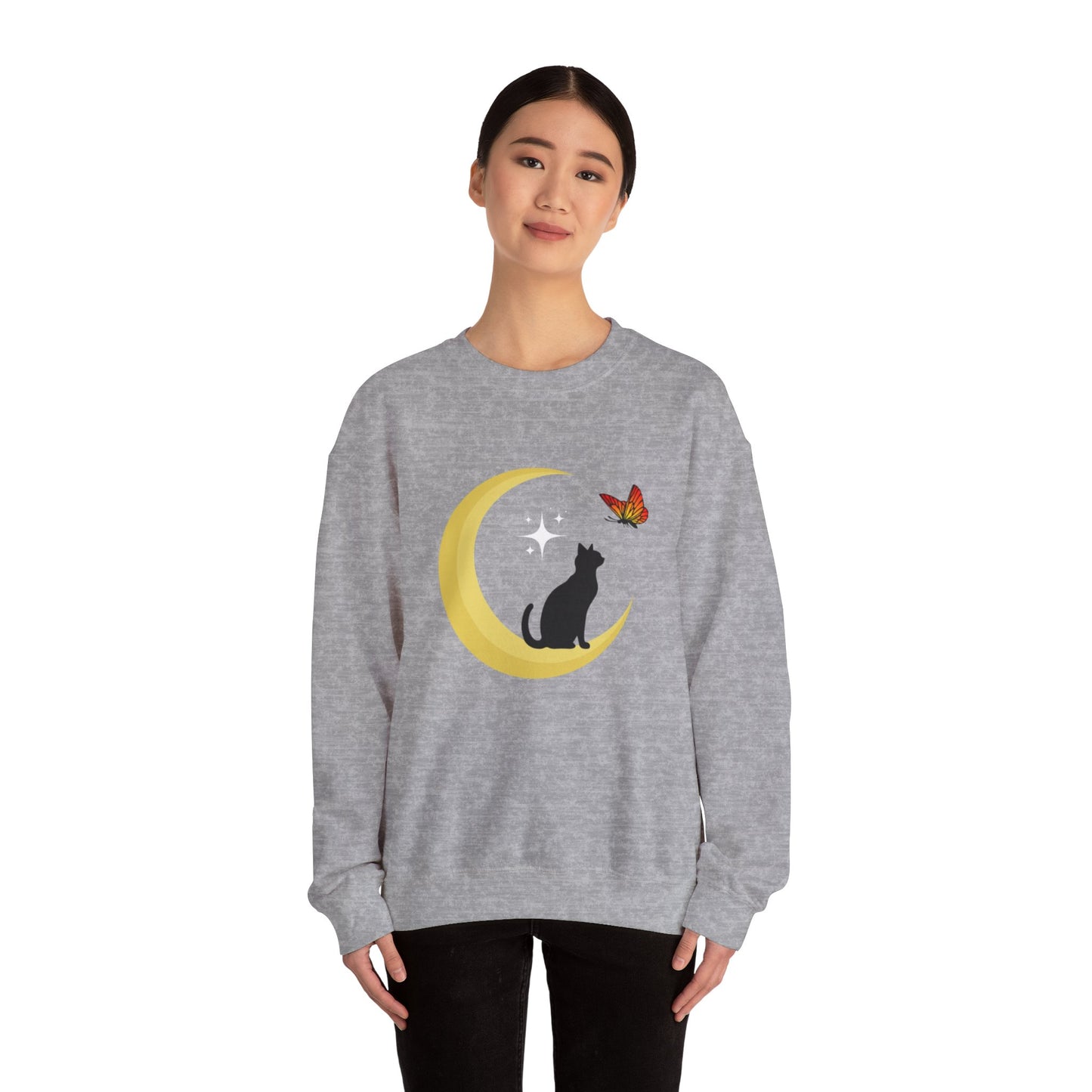 Woman's Heavy Blend™ Crewneck Sweatshirt/ Cat on the moon/White Star/Fall