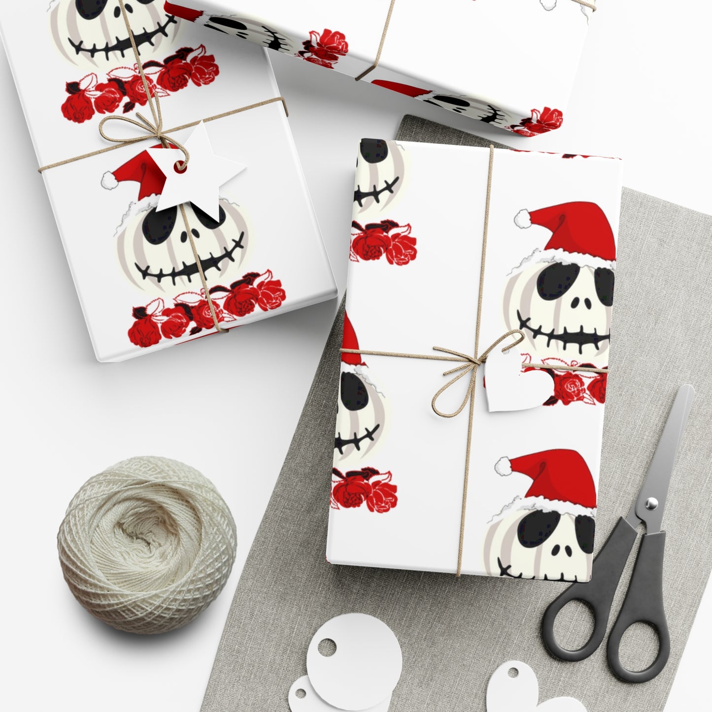 Holiiday Gift Wrap Papers/White Jack O Lantern Red Santa Hat/Red Roses/Dark Gray