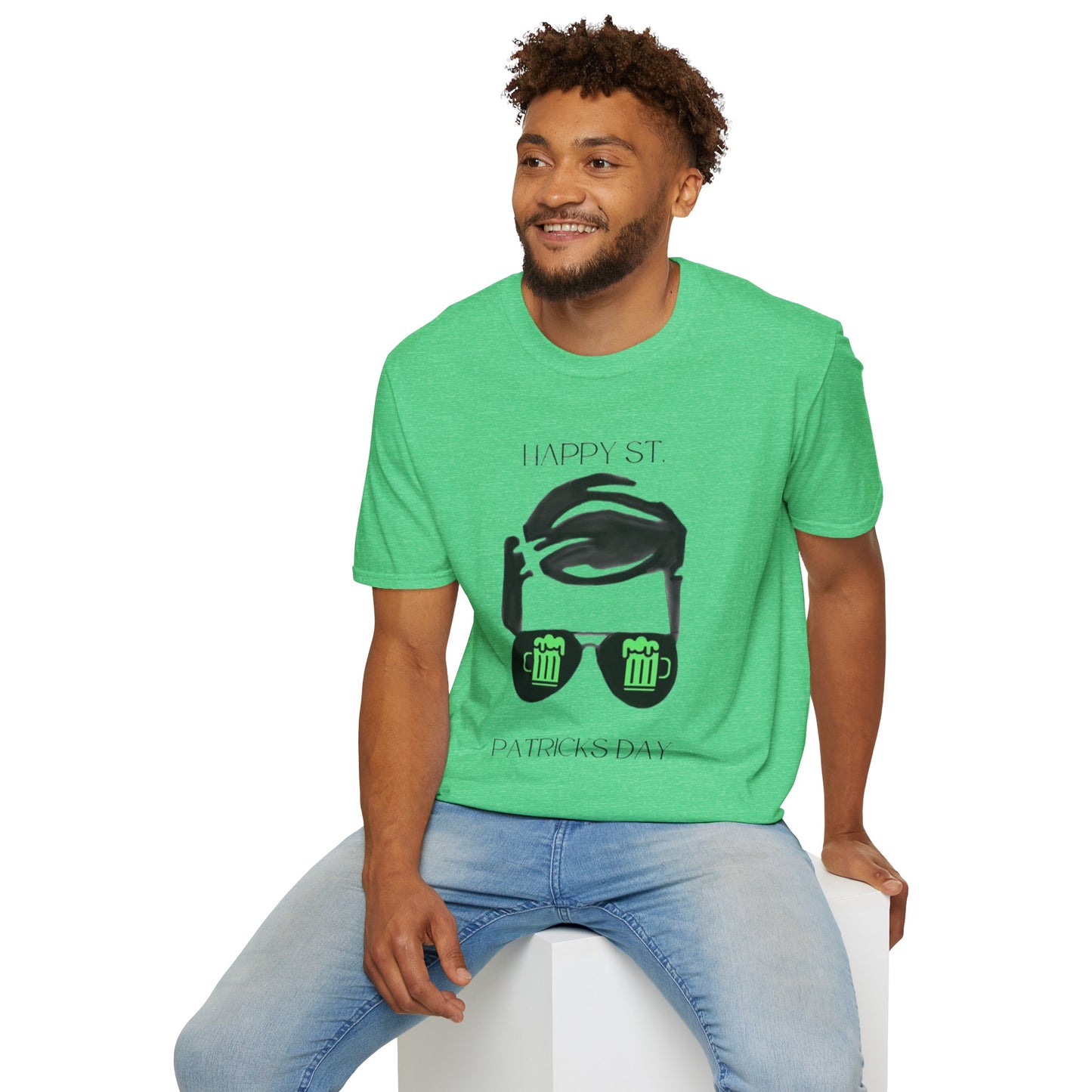 Unisex Softstyle T-Shirt/ Happy St Patrick's Day/Man/Black Glasses/Green Beer