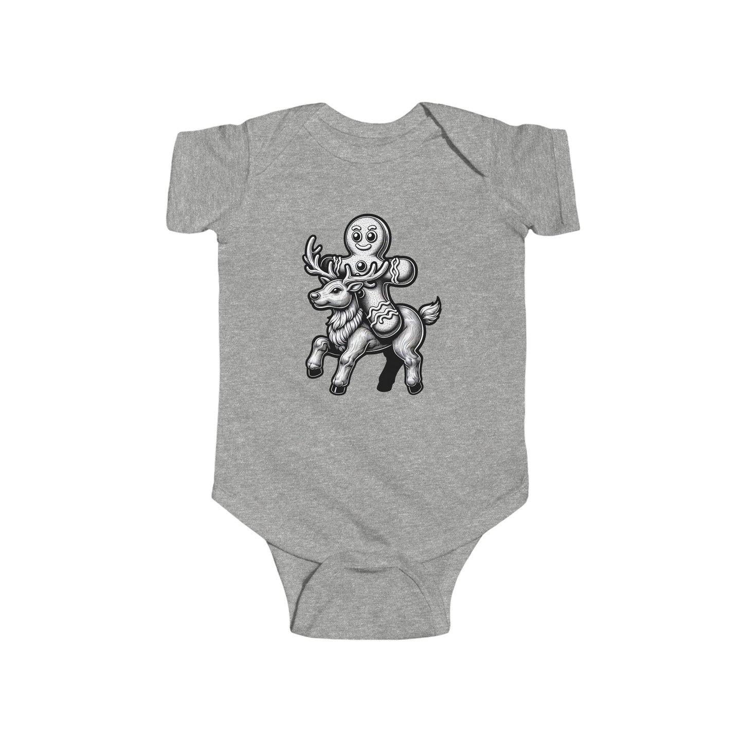 Infant Fine Jersey Bodysuit/ Gingerbread man riding a Reindeer/ Black/White