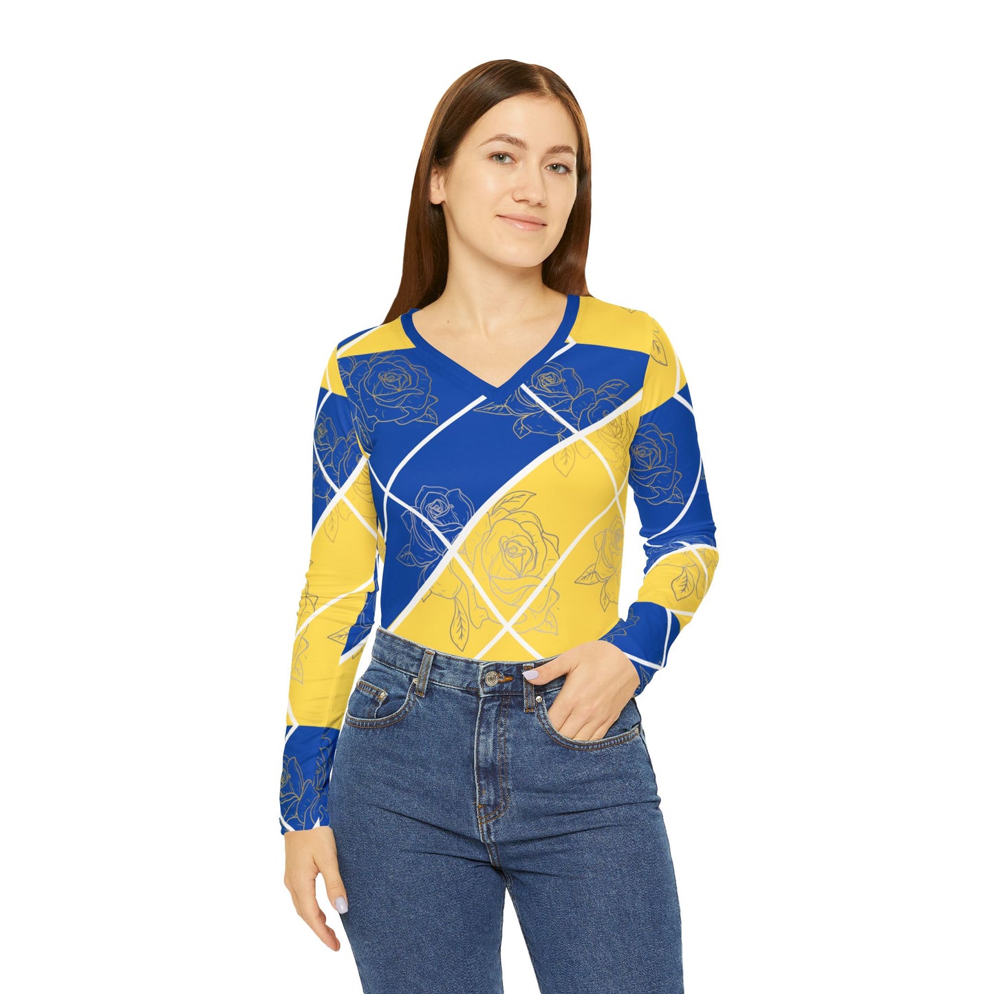 Women's Long Sleeve V-neck Shirt (AOP)/Blue/yellow/Roses