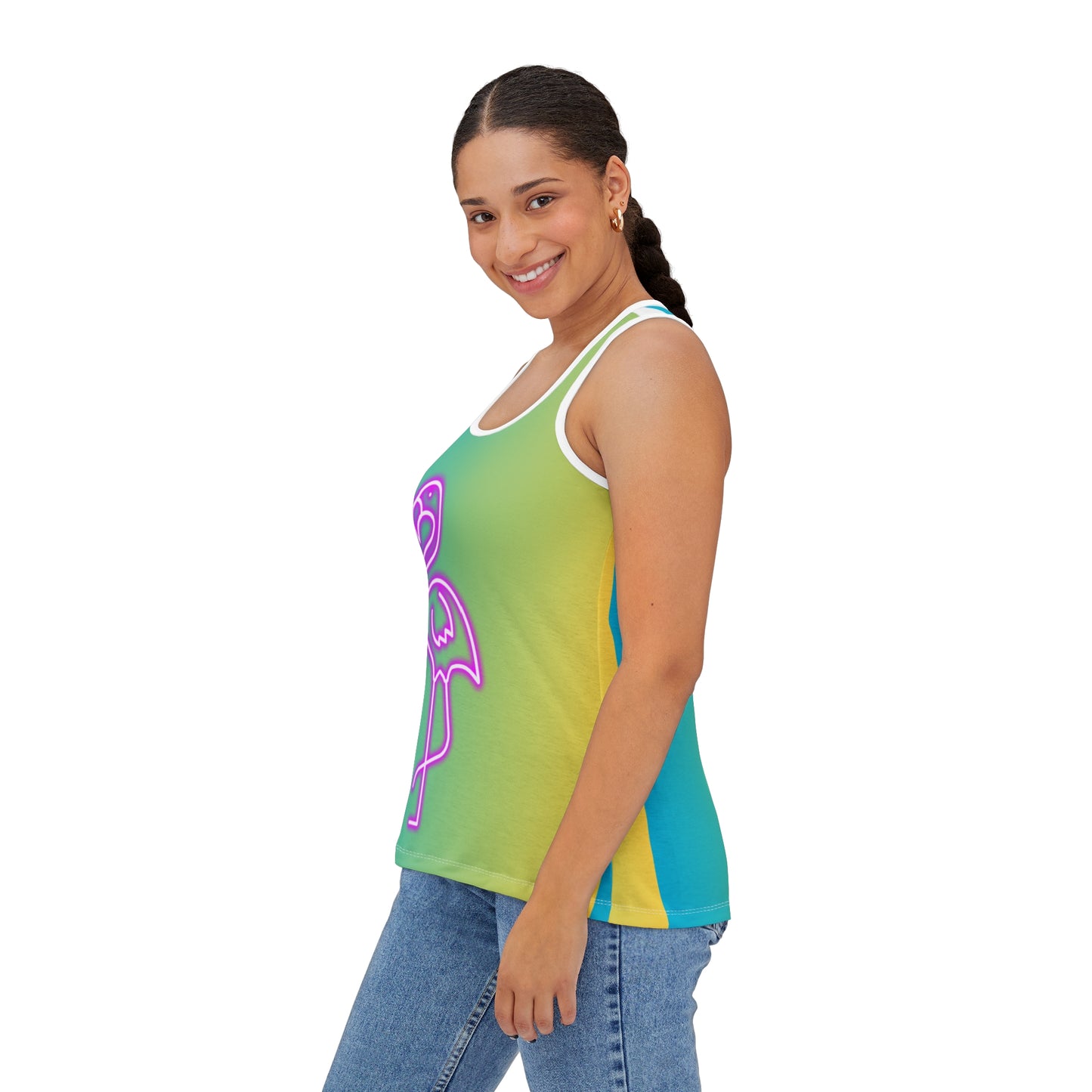 Women's Tank Top (AOP)/Neon Pink Flamingo/Blue/Yellow Gradient