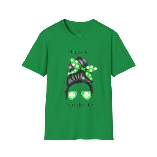 Unisex Softstyle T-Shirt/Happy St. Patrick's Day/ Woman/ Brunette/ Green Glasses/ White Clovers