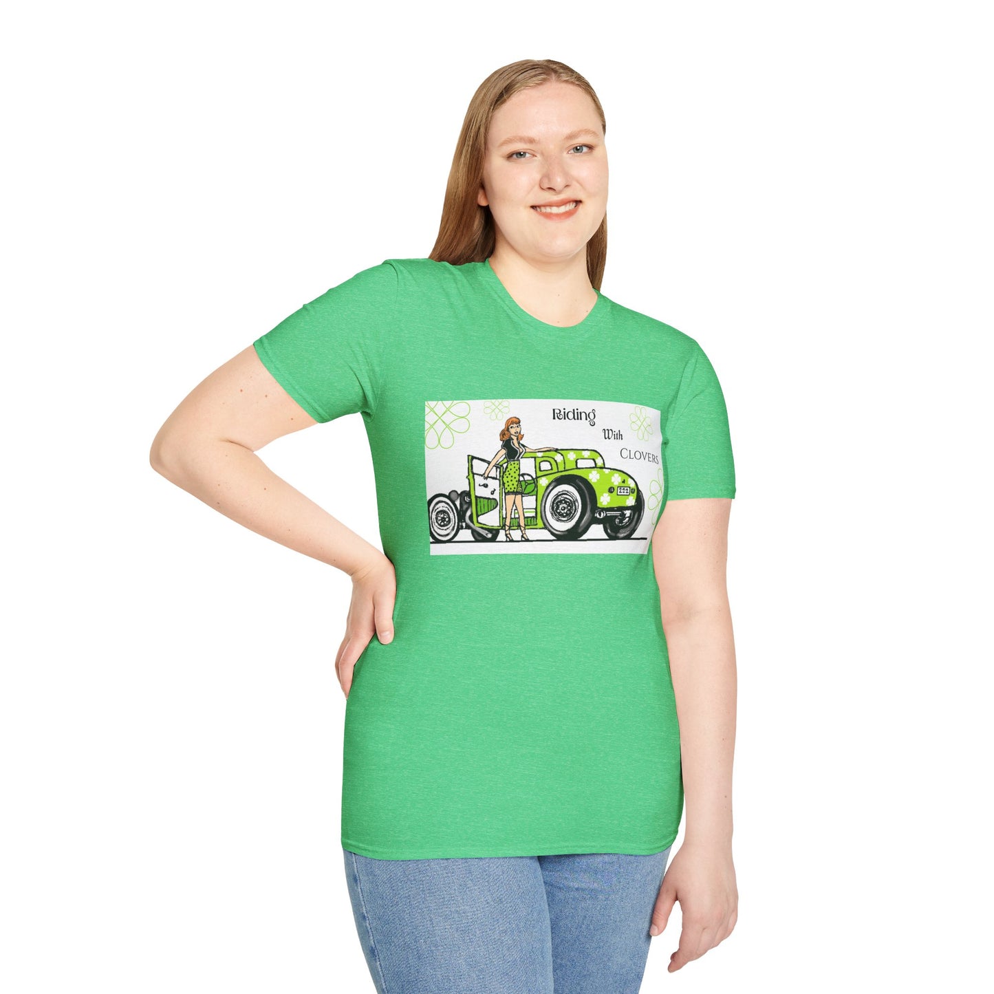 Unisex Softstyle T-Shirt Riding with clovers/ Redhead