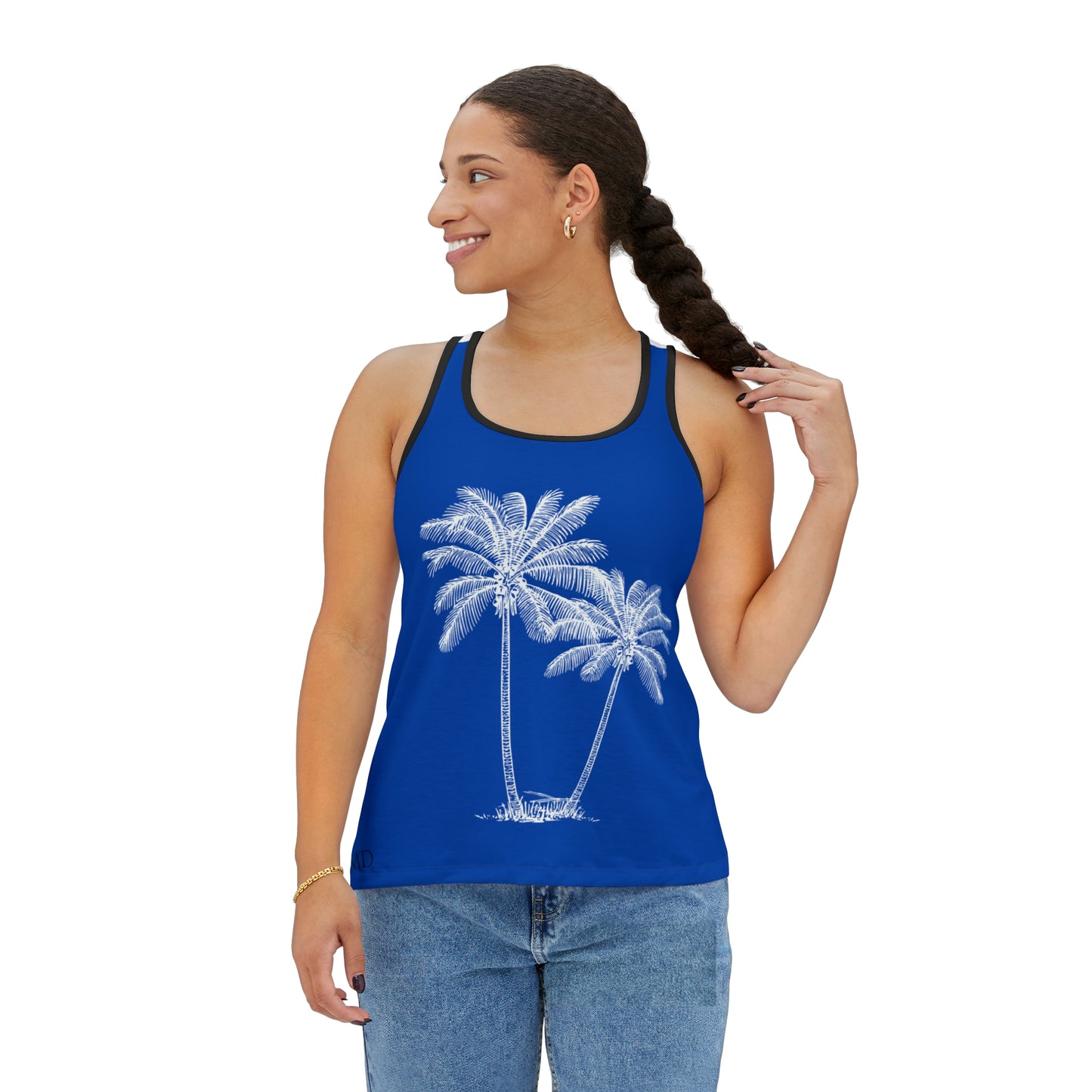 Women's Tank Top/Colored Lining/Black/White (AOP)Palm Tree/Blue/White