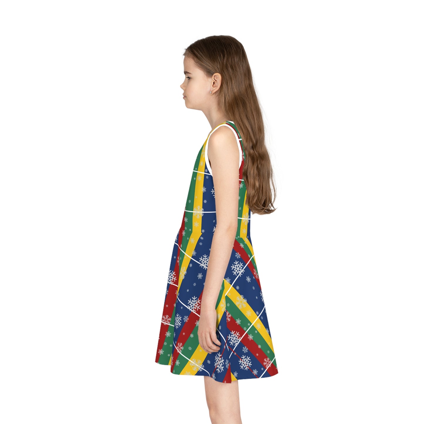 Girls' Sleeveless Sundress (AOP)/Holiday/Blue /Red /Green/ Yellow/ Plaid/ White Snowflakes