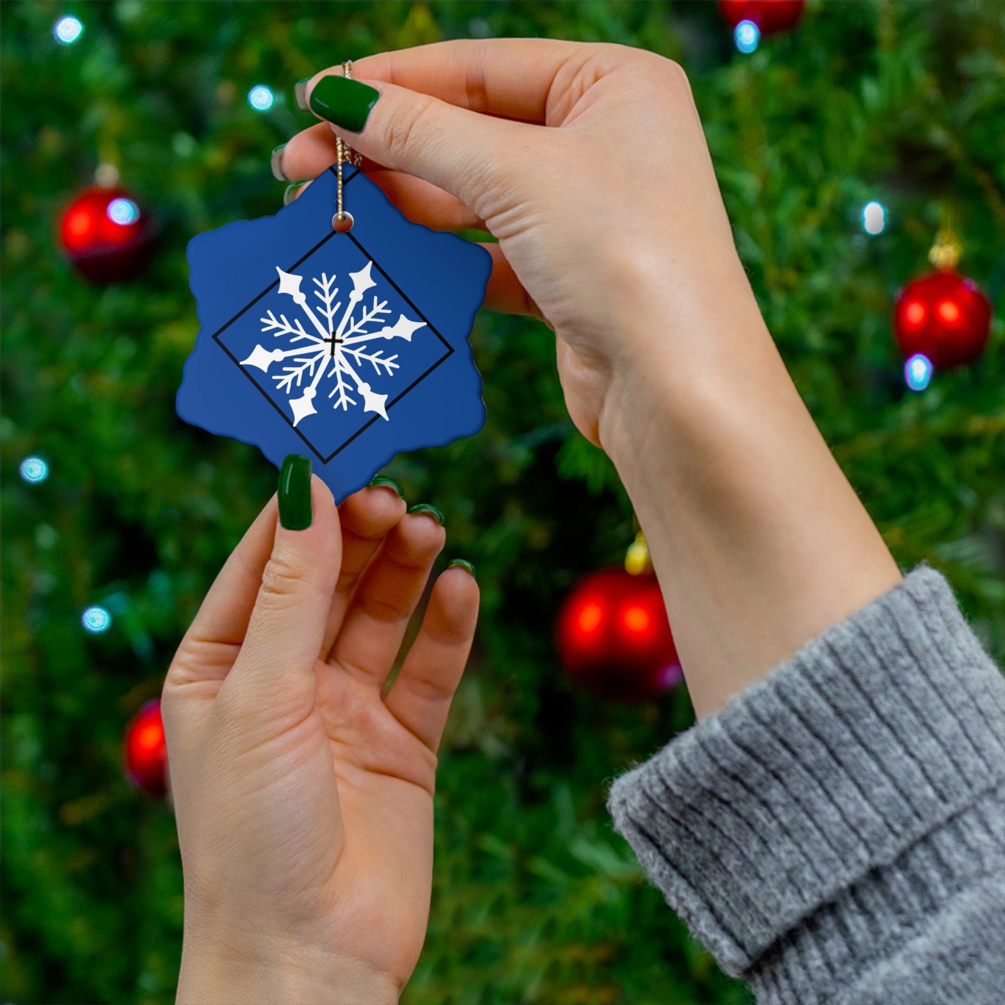 Ceramic Ornament, 4 Shapes/ Dark blue/ White Snowflake