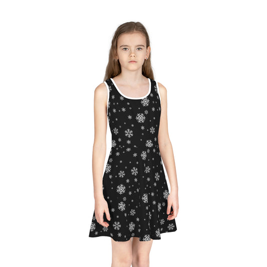 Girls' Sleeveless Sundress (AOP)/White Snowflakes /Black/ BG