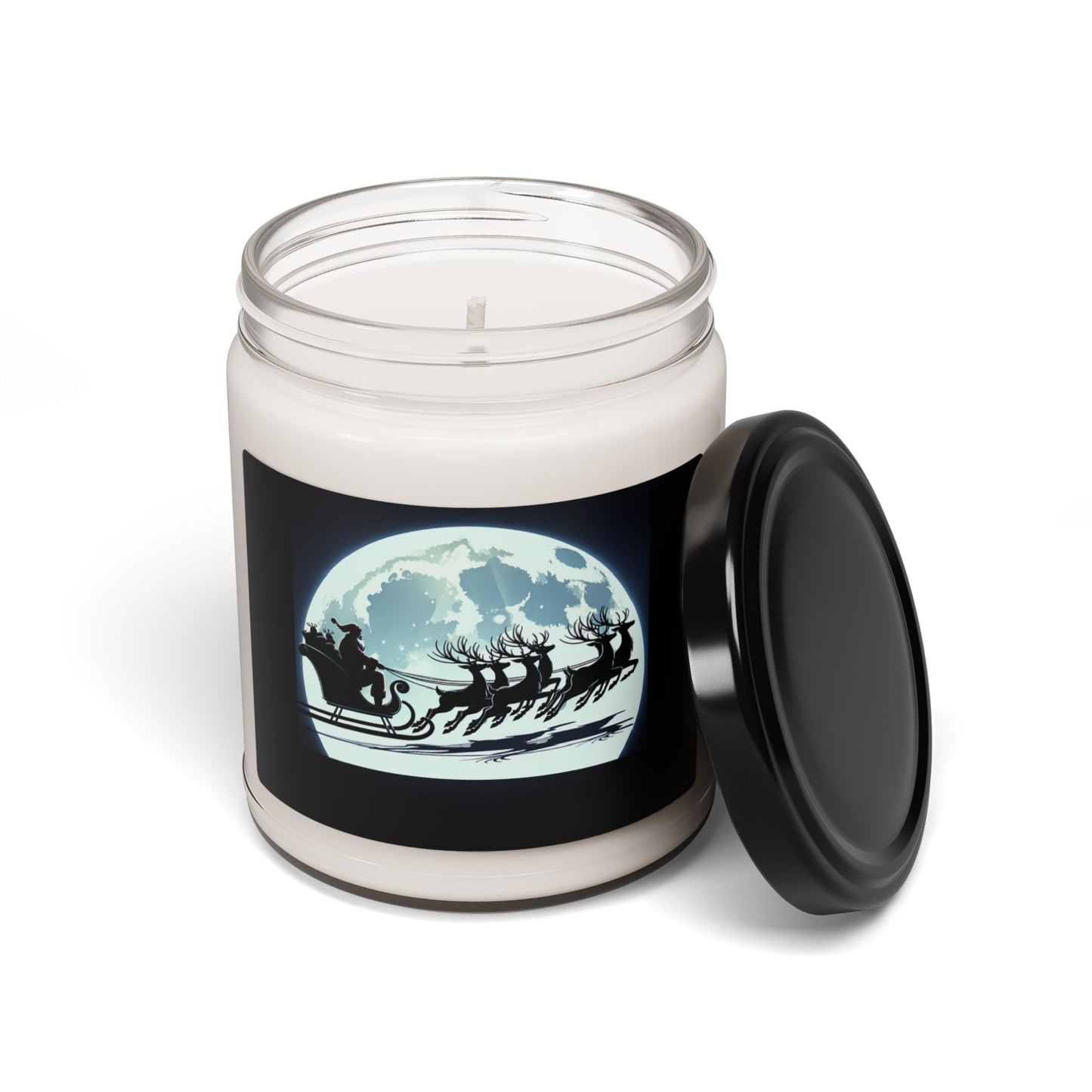 Scented Soy Candle, 9oz/Santa and His Flying Reindeer/Moon BG/Blue