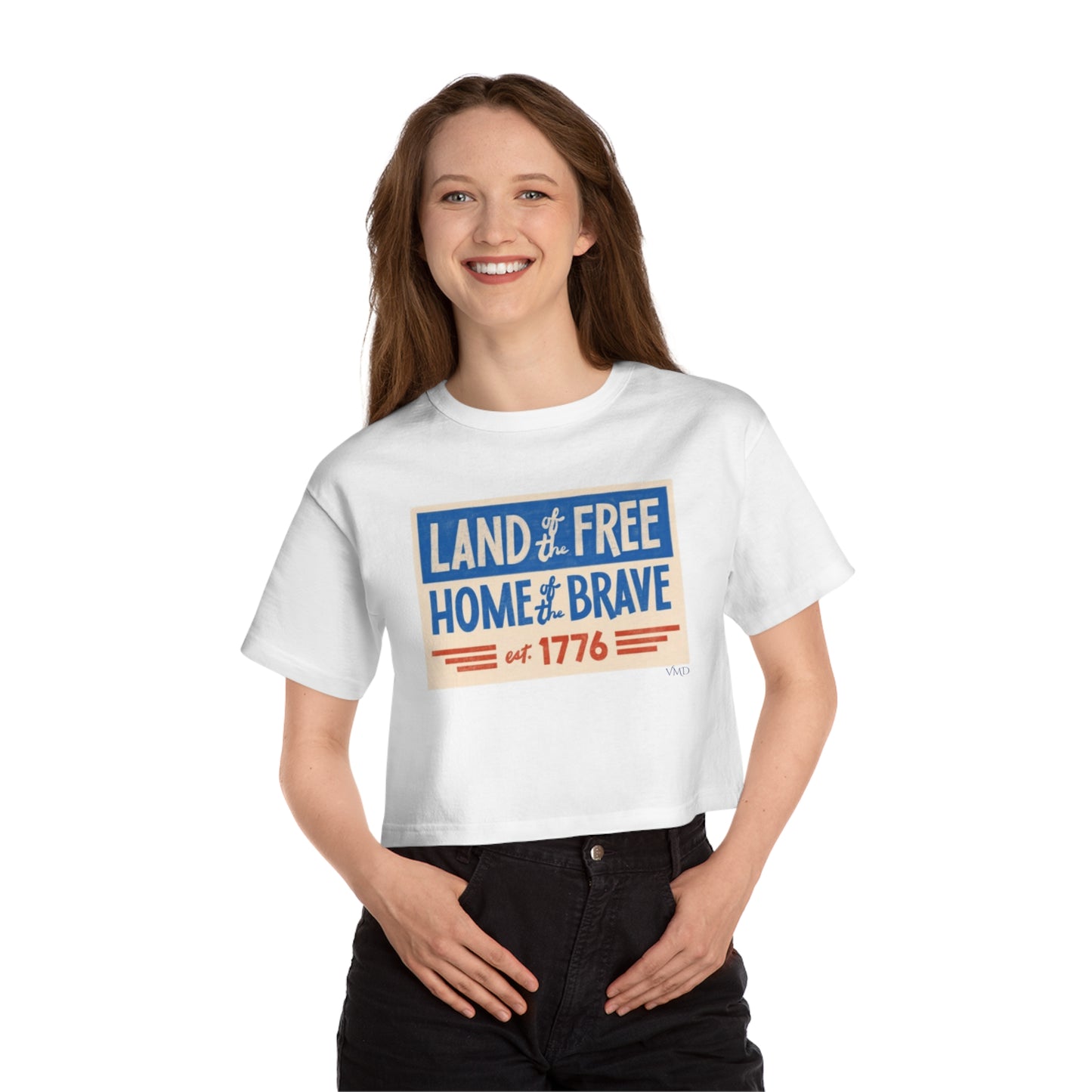 Champion Women's Cropped T-Shirt/4th of July/ Land of the Free Home of the Brave