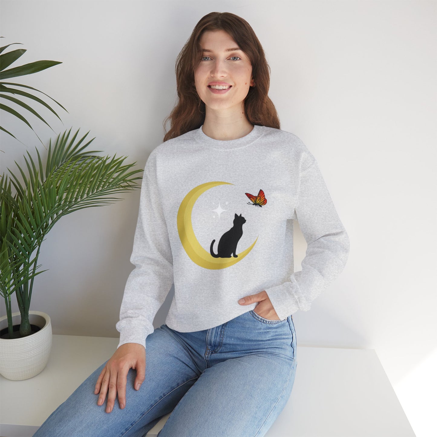 Woman's Heavy Blend™ Crewneck Sweatshirt/ Cat on the moon/White Star/Fall