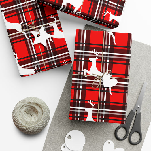 Holiday Gift Wrap Papers/Red/Black/White Plaid/ White Reindeer