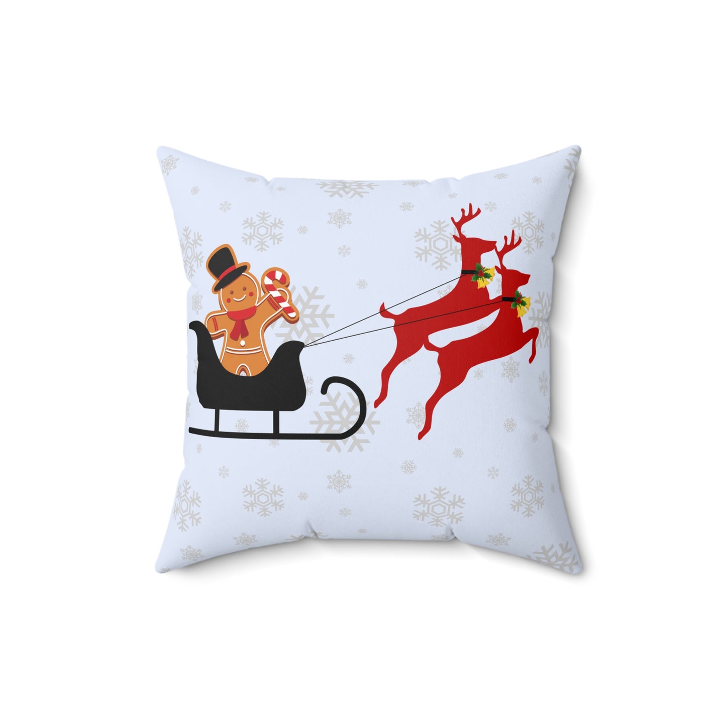 Spun Polyester Square Pillow/Gingerbread man in the sleigh/Front/Snowman in sleigh/ Back/ Baby Blue/ White Snowflakes