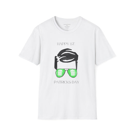 Unisex Softstyle T-Shirt/Happy St. Patrick's Day/ Man/ Brunette/ Green Glasses/White Beer