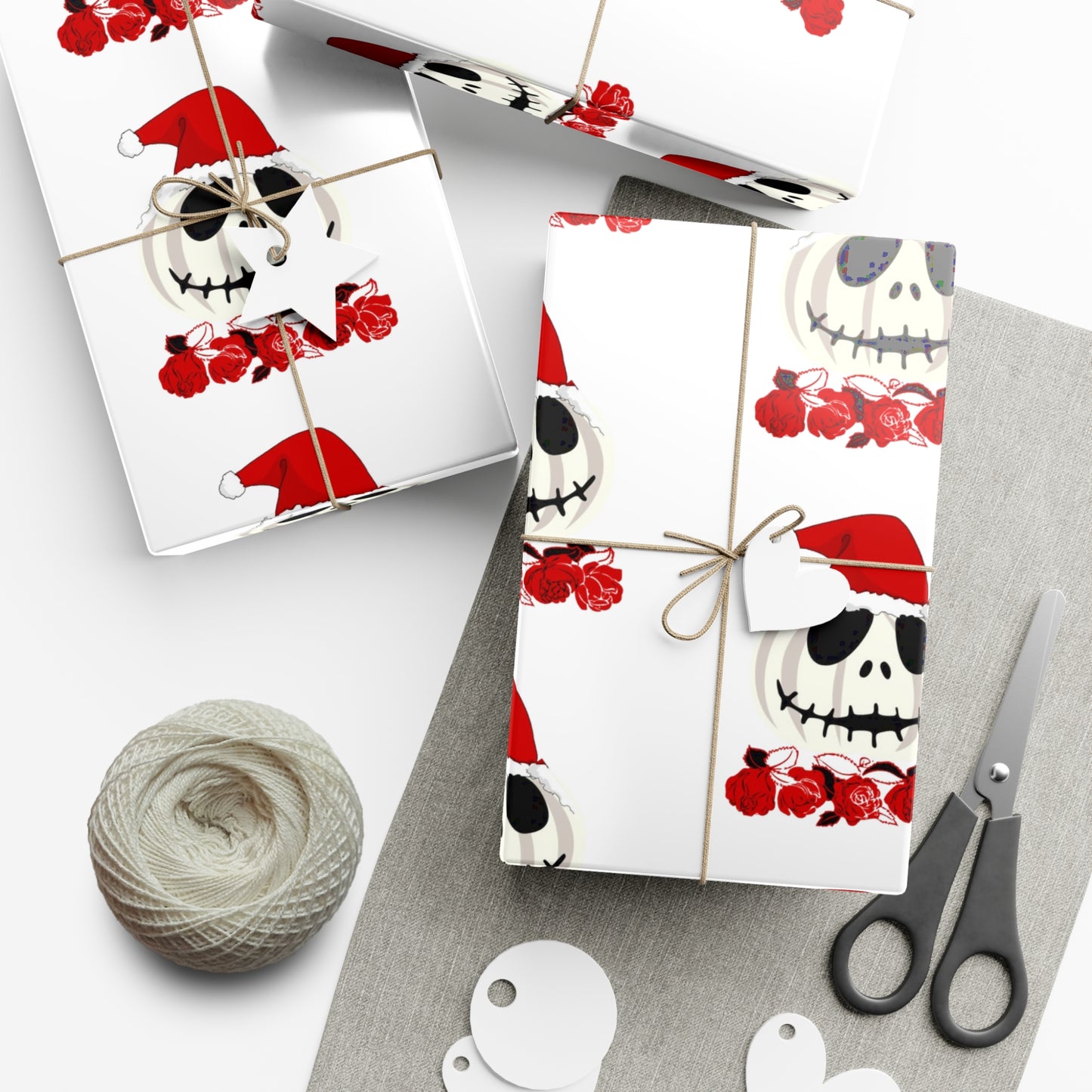 Holiiday Gift Wrap Papers/White Jack O Lantern Red Santa Hat/Red Roses/Dark Gray