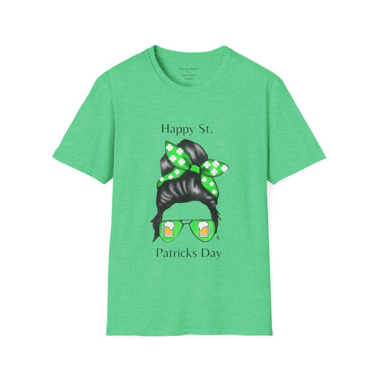 Unisex Softstyle T-Shirt/Happy St. Patrick's Day/ Woman/ Brunette/ Green Glasses/Golden Beer