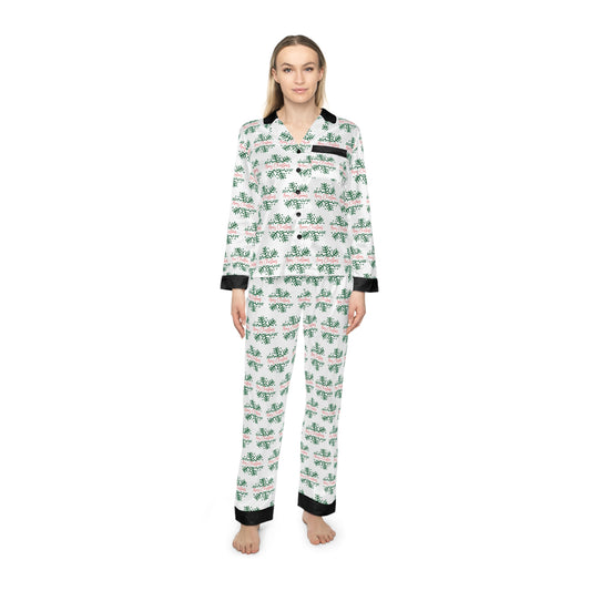 Women's Satin Holiday Pajamas (AOP)/ Merry Christmas Red/Green/Black collar and cuffs