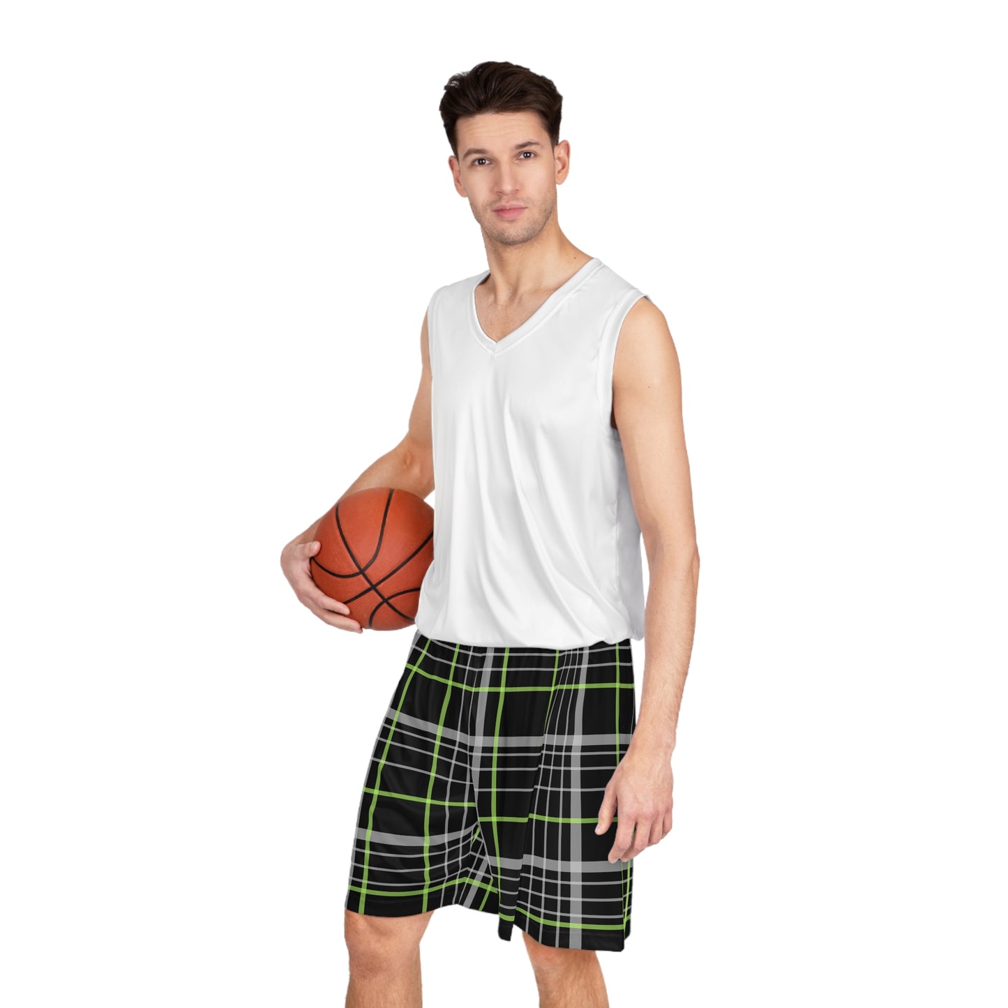 Basketball Shorts (AOP)/Black and Green Plaid