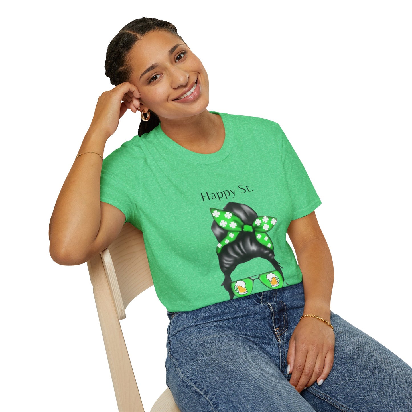 Unisex Softstyle T-Shirt/Happy St. Patrick's Day/ Woman/ Brunette/ Green Glasses/Golden Beer