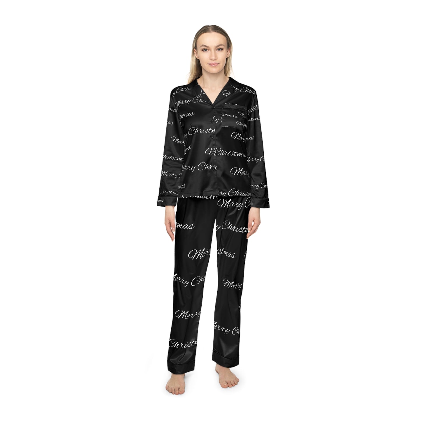 Women's Satin Pajamas (AOP)/ Merry Christmas/Black /White