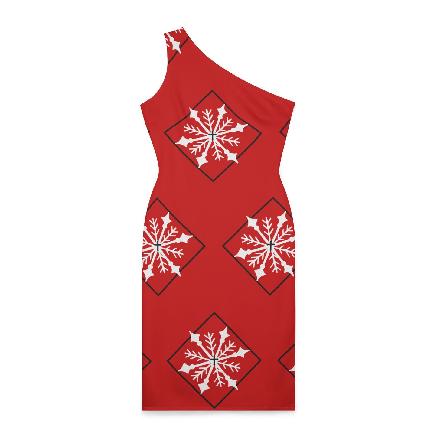 Women's holiday Shoulder Dress (AOP)/ White snowflake/Diamond/Red BG