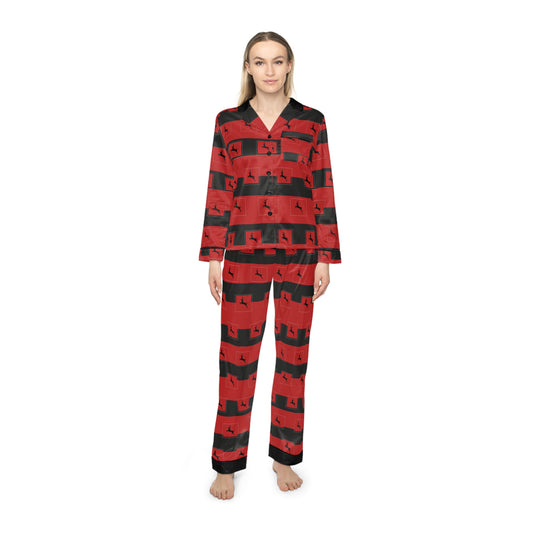 Women's Satin Pajamas (AOP) Holiday/Reindeer/Red/Black Striped