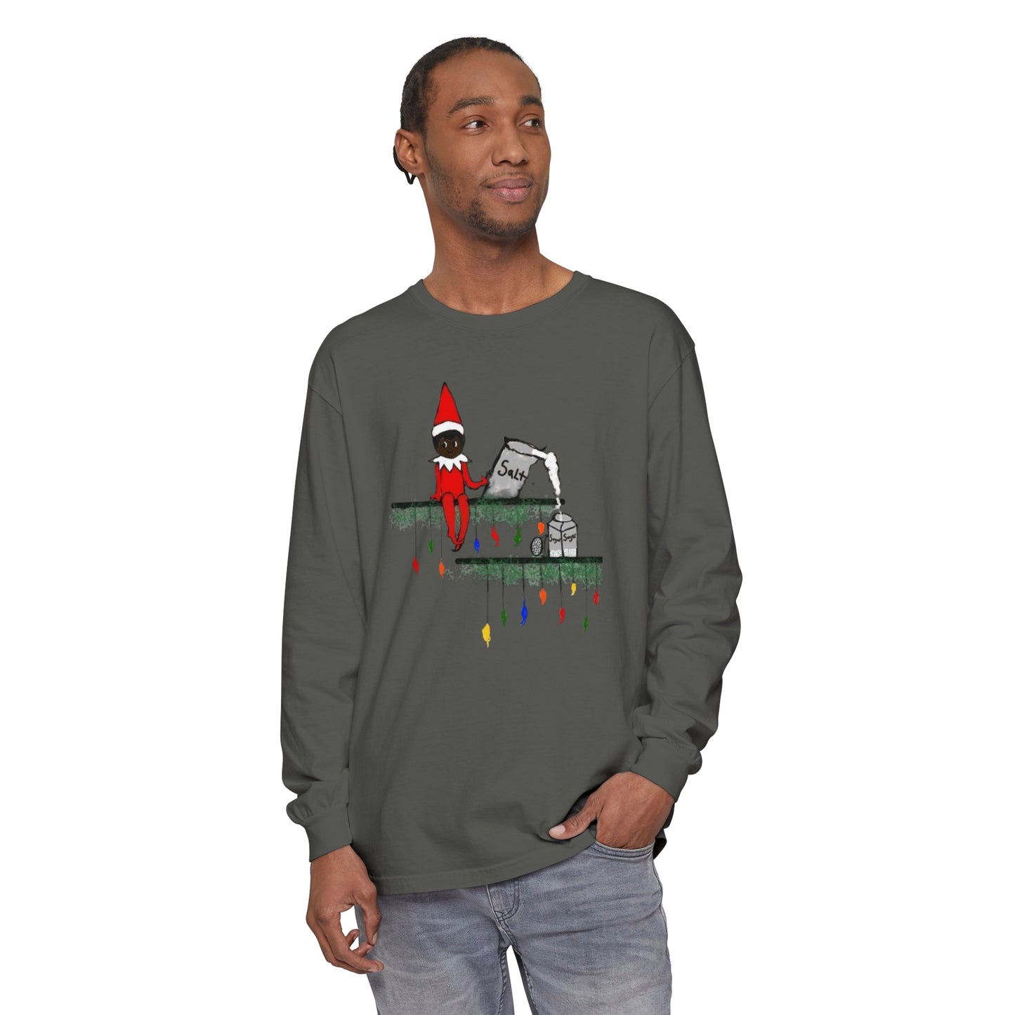 Men's Garment-dyed Long Sleeve T-Shirt/Holiday Funny/African American elf on the shelf/ Salt in the Sugar