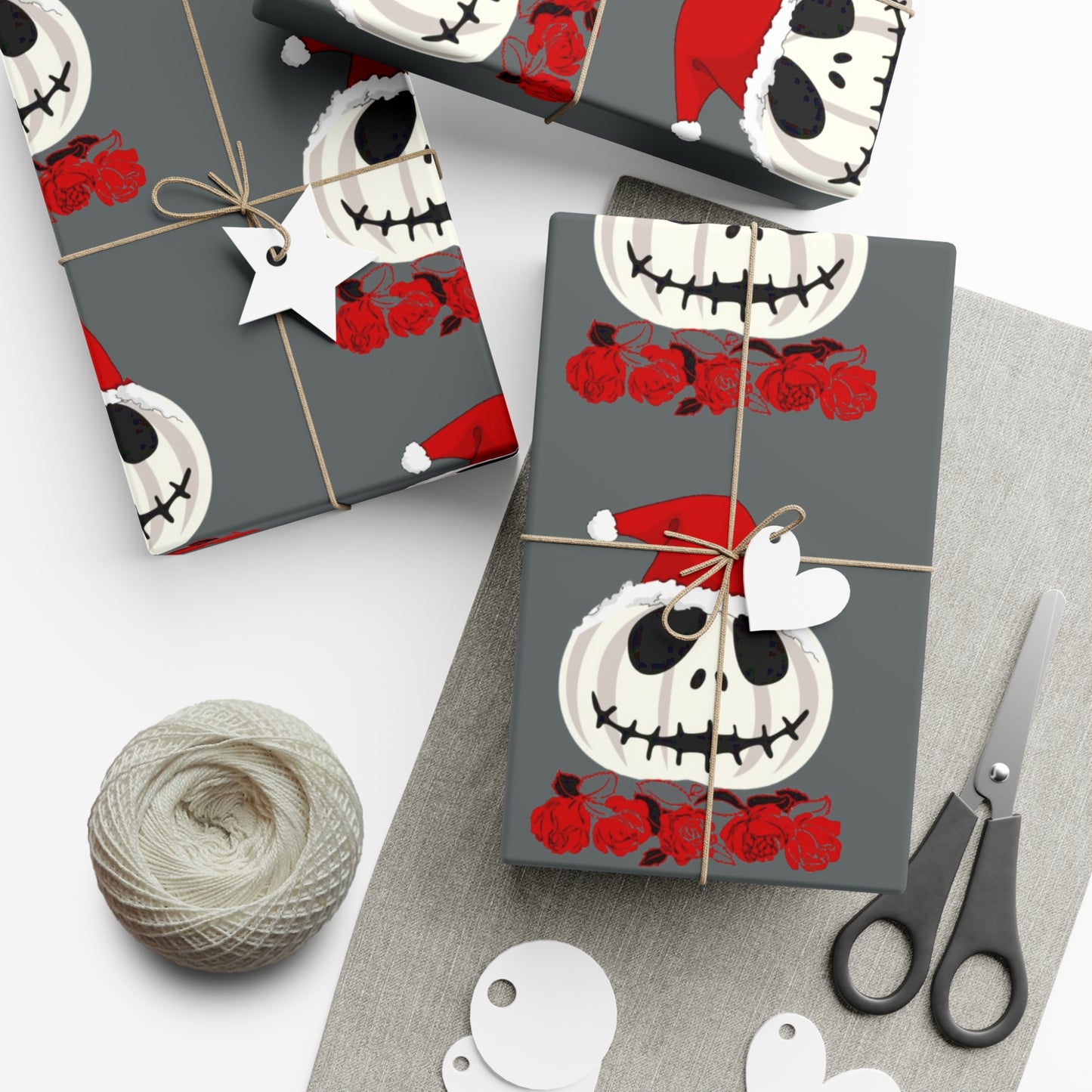 Holiday Gift Wrap Papers/White Jack O Lantern Red Santa Hat/Red Roses/Dark Gray