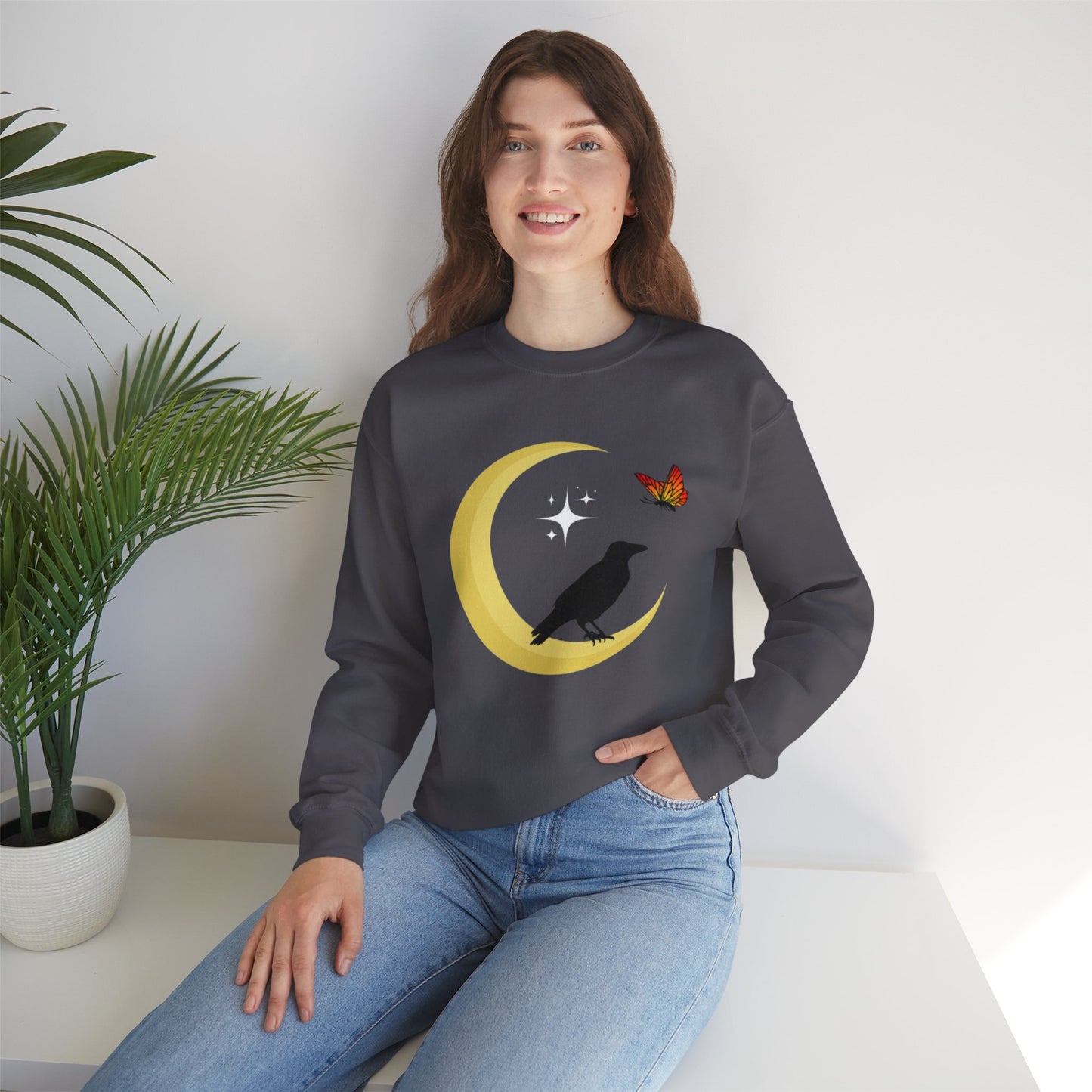 Woman's Heavy Blend™ Crewneck Sweatshirt/ Crow on the moon/White star/Fall