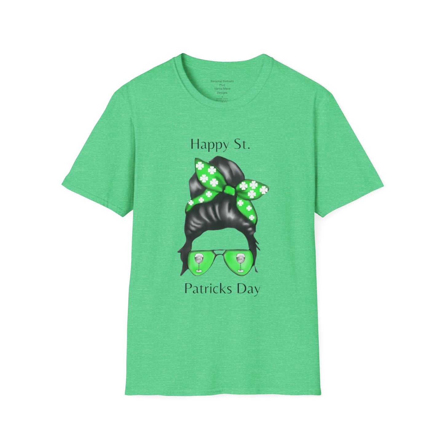 Unisex Softstyle T-Shirt/Happy St. Patricks Day/ Woman/ Brunette/ Green Glasses/Wine Glass