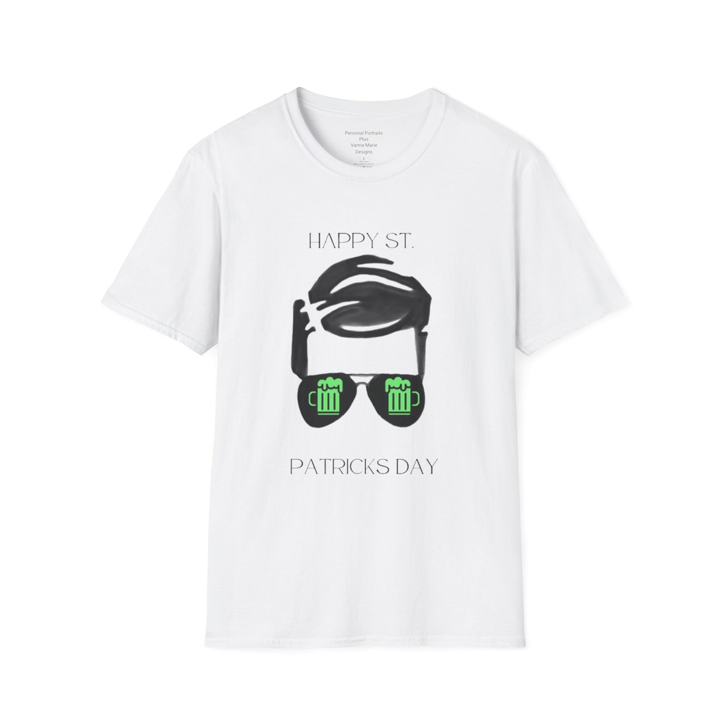 Unisex Softstyle T-Shirt/Happy St. Patrick's Day/ Man/ Brunette/ Black Glasses/Green Clovers