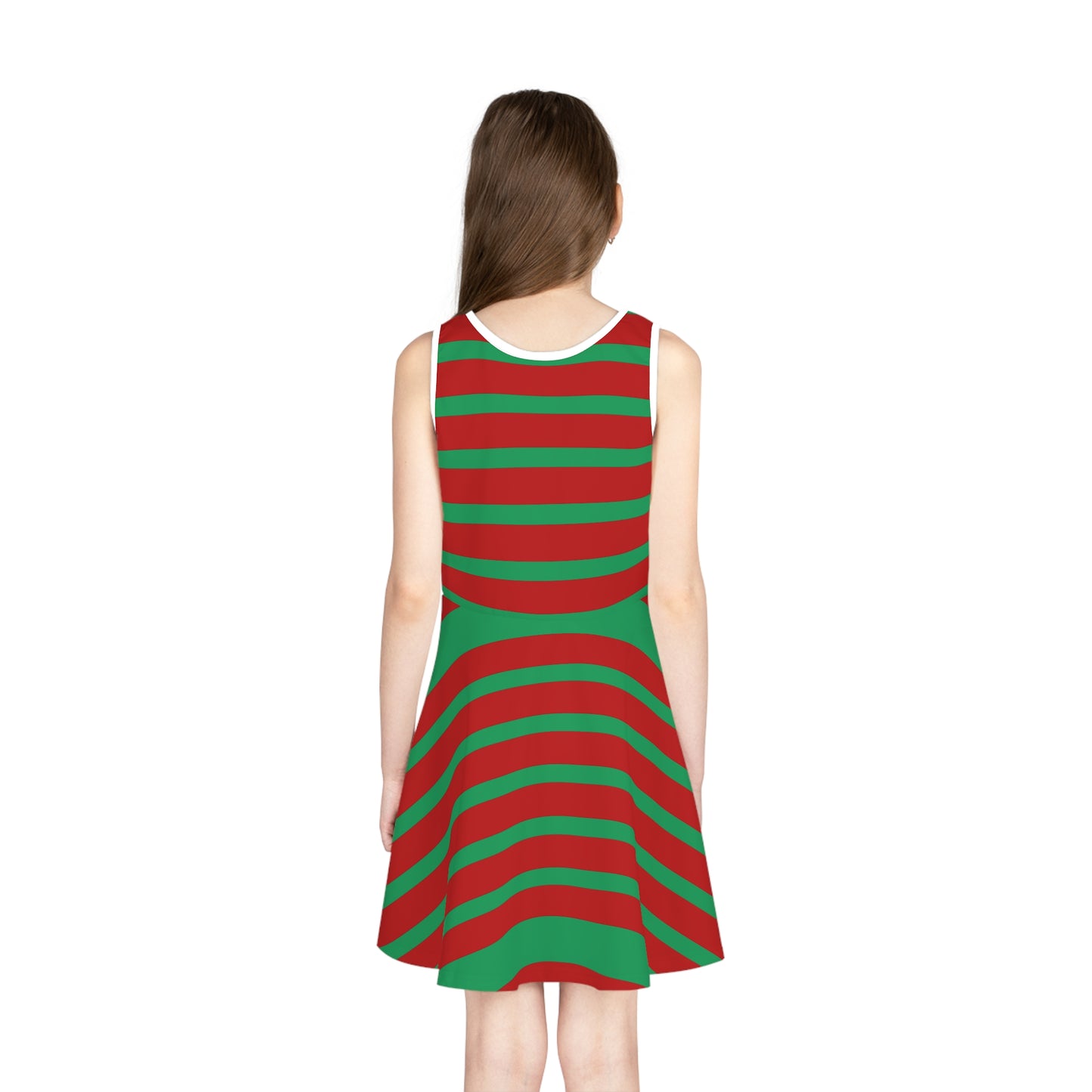 Girls' Sleeveless Holiday Dress (AOP)/Red/Green Striped/ Gingerbread man Riding a Reindeer