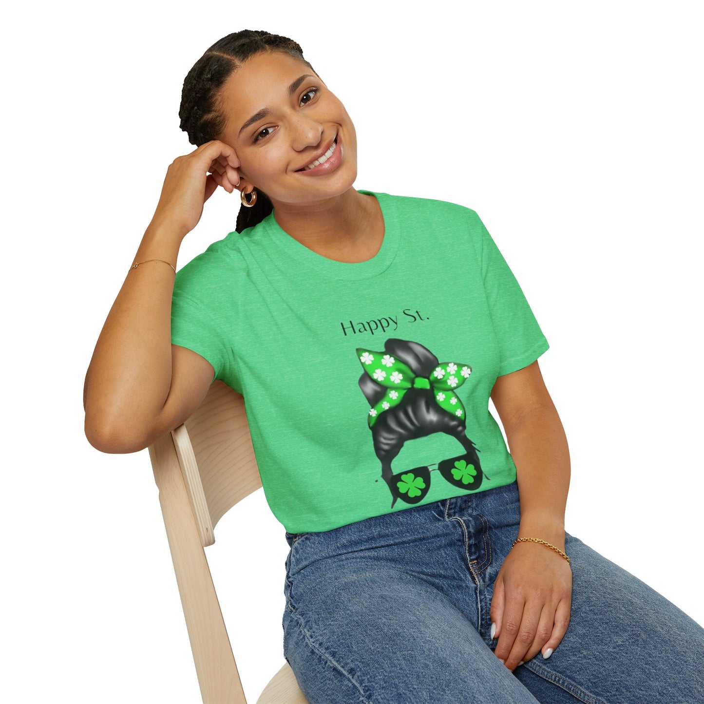 Unisex Softstyle T-Shirt/Happy St. Patricks' Day/ Woman/ Brunette/ Black Glasses/Green Clovers