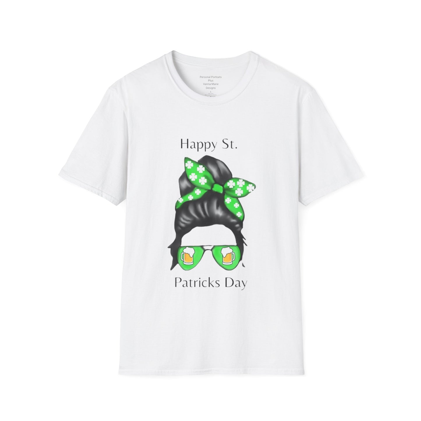 Unisex Softstyle T-Shirt/Happy St. Patrick's Day/ Woman/ Brunette/ Green Glasses/Golden Beer