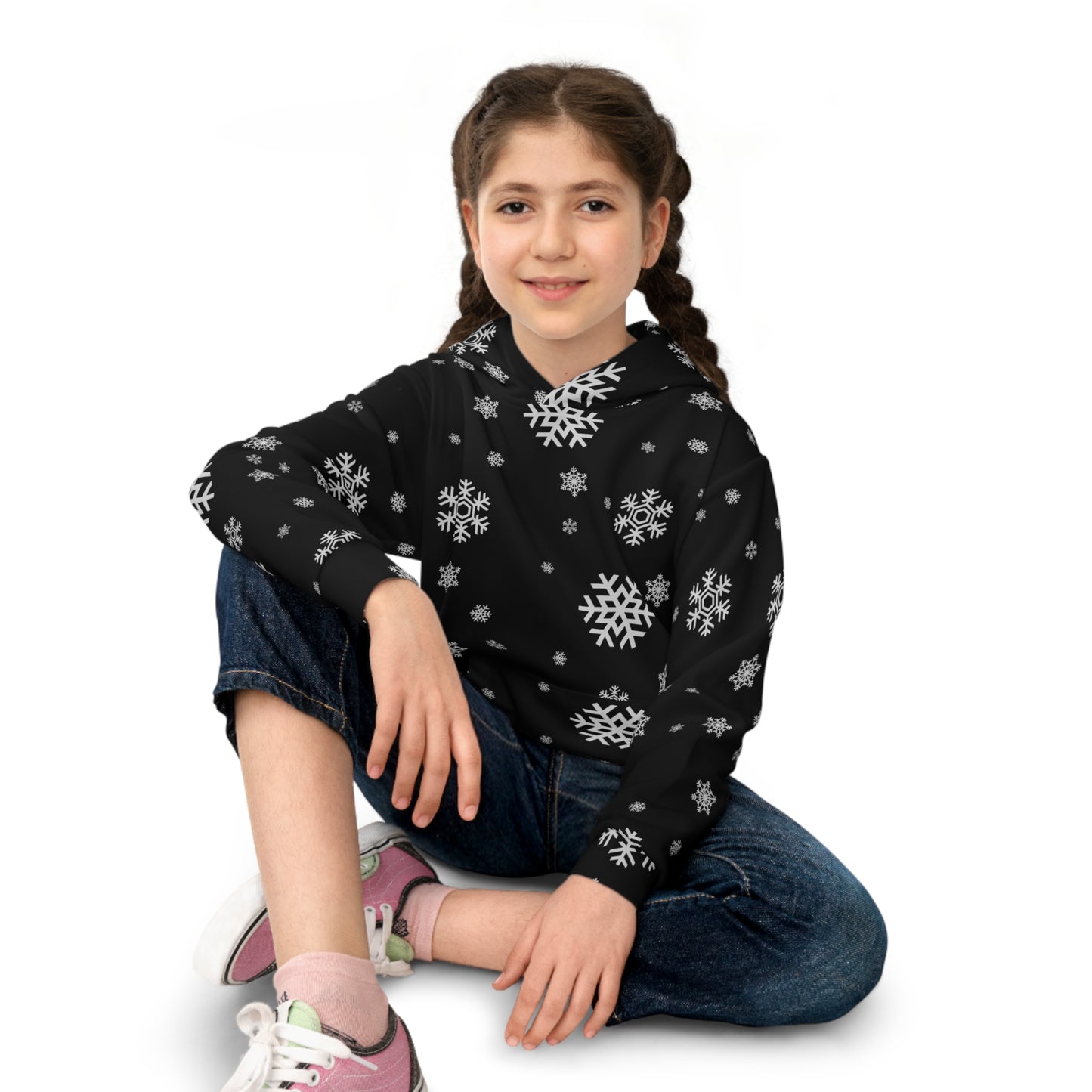 Children's Hoodie (AOP)/White Snowflakes /Black/ BG