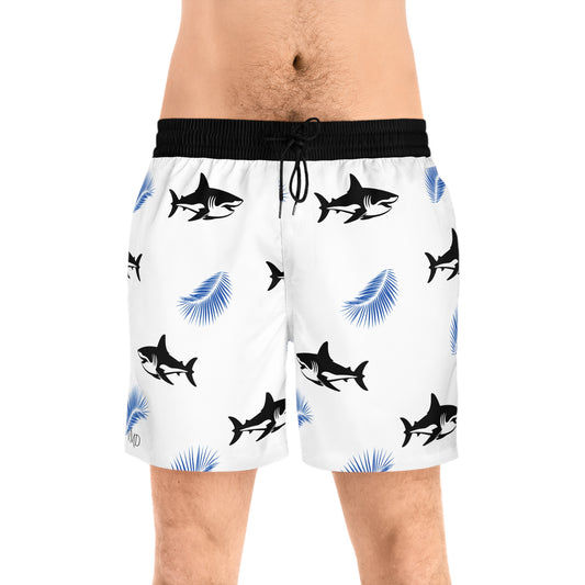 Men's Mid-Length Swim Shorts (AOP)/Black Sharks/Blue Leafs