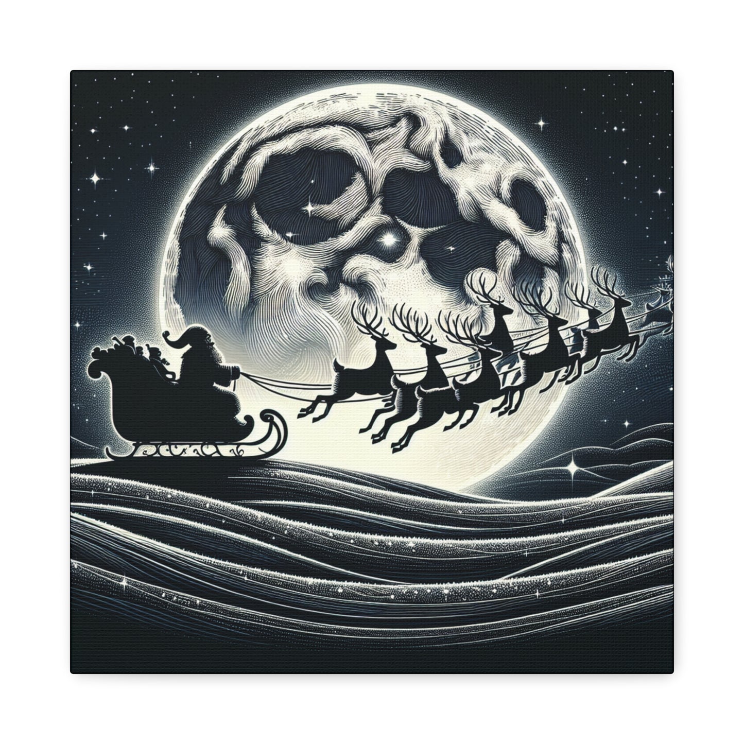 Matte Canvas, Stretched, 1.25"/Santa and His Flying Reindeer/Moon BG