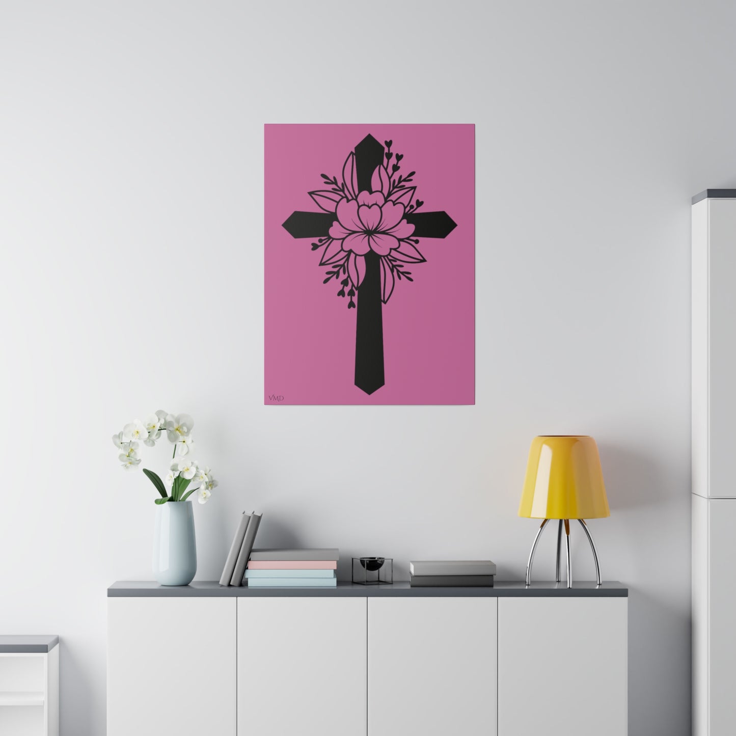 Digital Portrait Print, 0.75"/Floral Cross/Pink BG