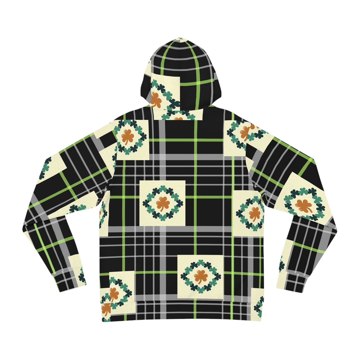 Hoodie (AOP)/Black and green plaid/clovers/St. Patrick's Day