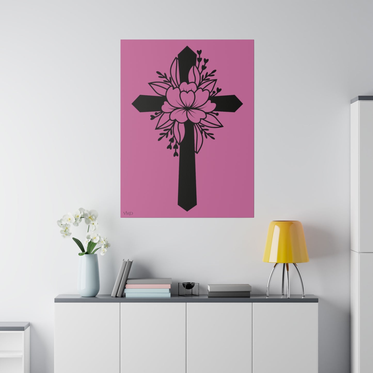 Digital Portrait Print, 0.75"/Floral Cross/Pink BG